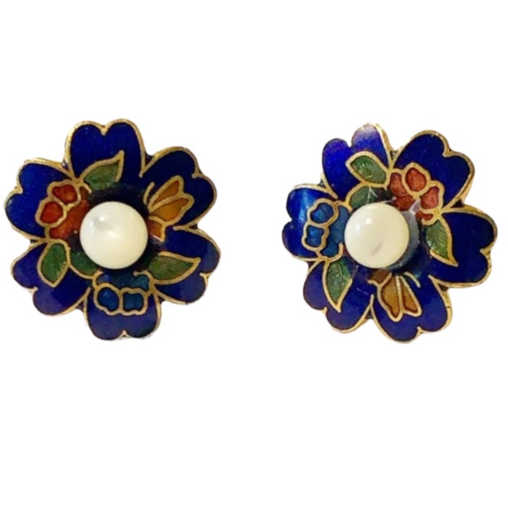 Vintage Cloisonné colorful blue gold flower earrings